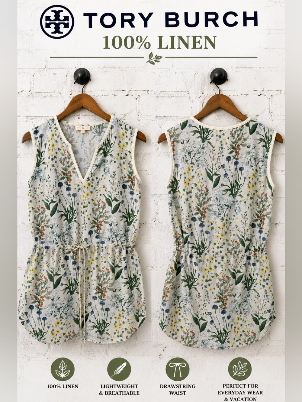 Tory Burch 100% Linen Floral Botanical Top Size Small Drawstring Waist